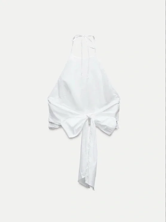 (#30)ZARA Ruffled Embroidered Halter Top - Picture 6 of 7